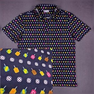 Pickle Ball Yatta Golf Mens Medium Polo‎ Shirt Blue with All Over Print AOP
